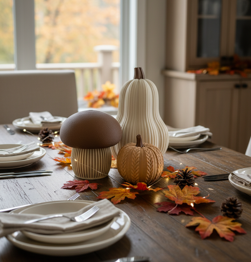 A brown-topped mushroom, a tall ribbed gourd, and a small cable-knit textured pumpkin in neutral and brown tones. Modern autumn trio set.