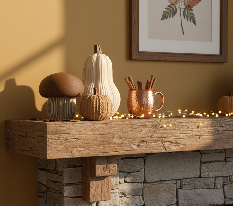 A brown-topped mushroom, a tall ribbed gourd, and a small cable-knit textured pumpkin in neutral and brown tones. Modern autumn trio set.