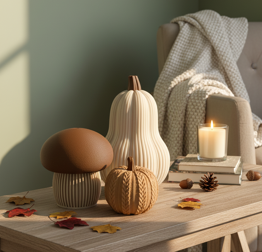 A brown-topped mushroom, a tall ribbed gourd, and a small cable-knit textured pumpkin in neutral and brown tones. Modern autumn trio set.