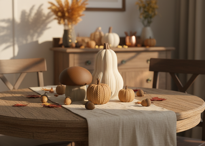 A brown-topped mushroom, a tall ribbed gourd, and a small cable-knit textured pumpkin in neutral and brown tones. Modern autumn trio set.