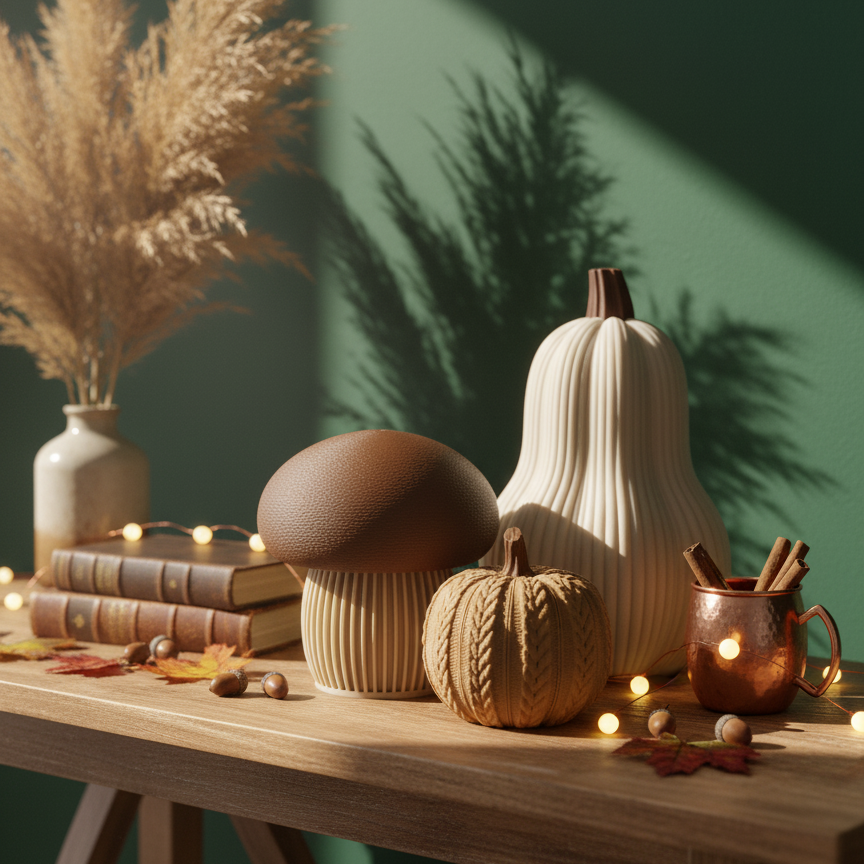 A brown-topped mushroom, a tall ribbed gourd, and a small cable-knit textured pumpkin in neutral and brown tones. Modern autumn trio set.