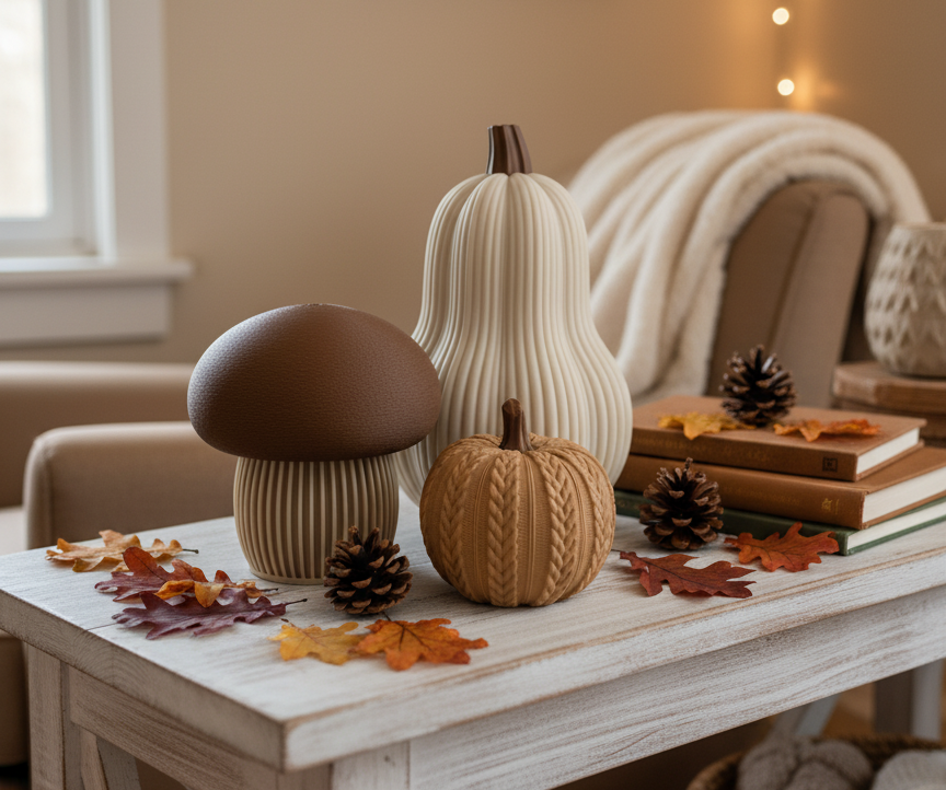 A brown-topped mushroom, a tall ribbed gourd, and a small cable-knit textured pumpkin in neutral and brown tones. Modern autumn trio set.