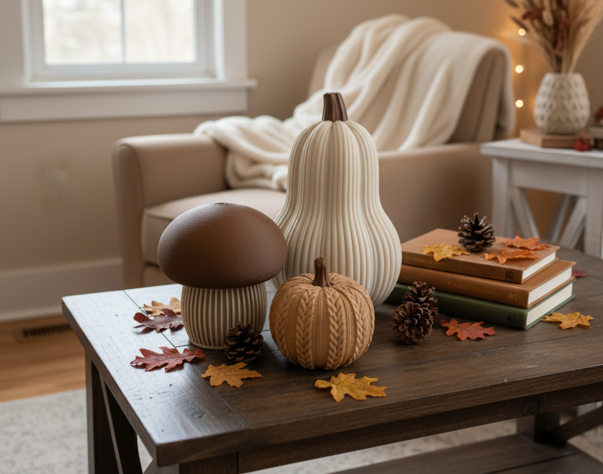 A brown-topped mushroom, a tall ribbed gourd, and a small cable-knit textured pumpkin in neutral and brown tones. Modern autumn trio set.